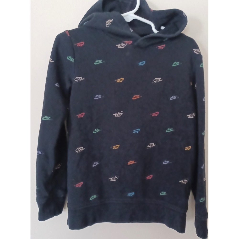 Nike Hoodie Boy Size 4 XS Black Multi-Color All Over Swoosh Logo Pullover School